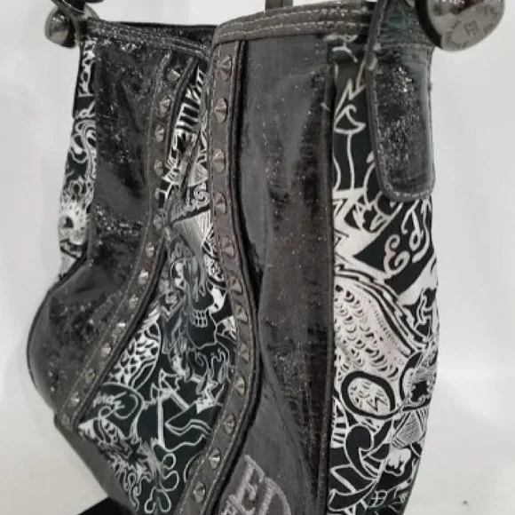 Ed Hardy Black & Silver Patent Leather Shoulder Bag Regualer Medium Size Bag - Picture 4 of 9